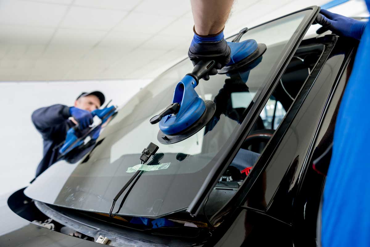 two workers replacing windshield